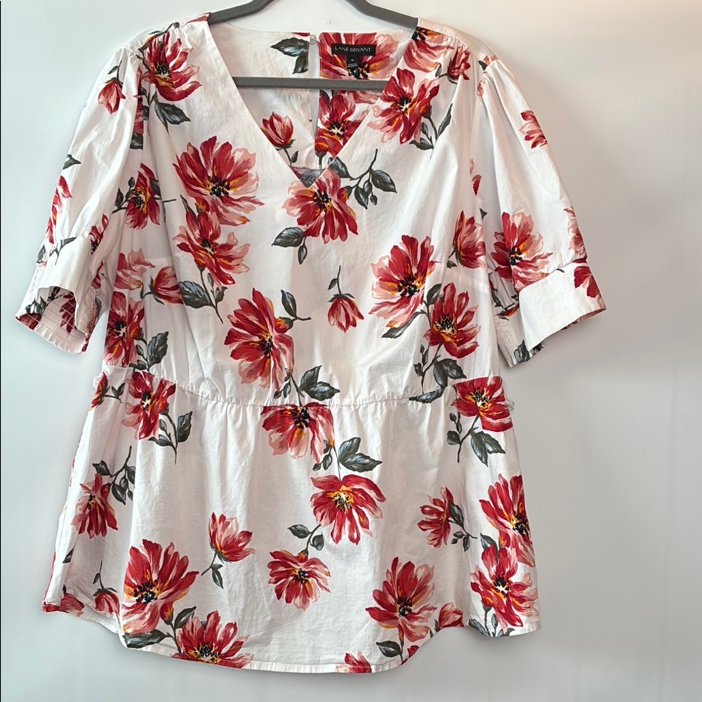 Lane Bryant Floral V-Neck Blouse Terracotta Print